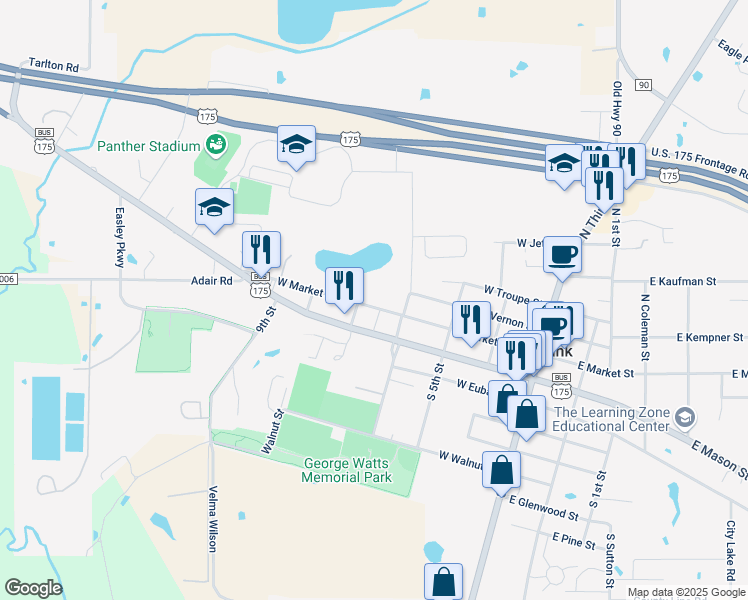 map of restaurants, bars, coffee shops, grocery stores, and more near 416 West Market Street in Mabank