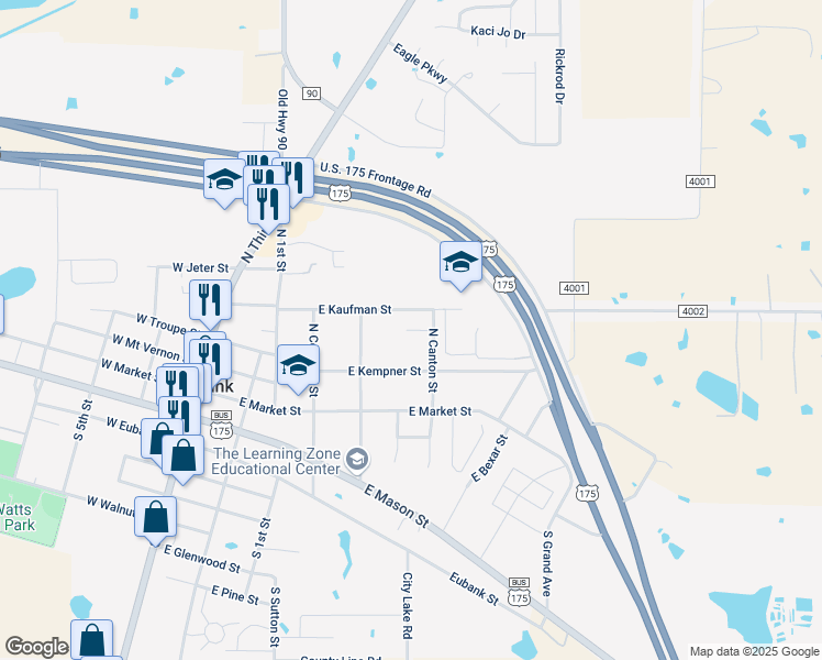 map of restaurants, bars, coffee shops, grocery stores, and more near 519 East Mae Drive in Mabank