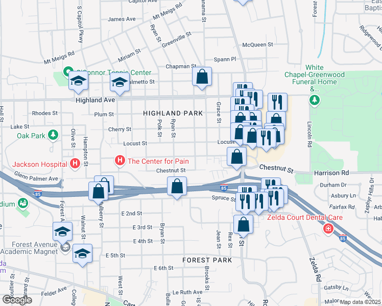 map of restaurants, bars, coffee shops, grocery stores, and more near 2535 Poplar Street in Montgomery