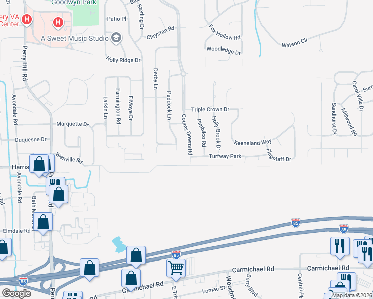 map of restaurants, bars, coffee shops, grocery stores, and more near 631-637 County Downs Road in Montgomery