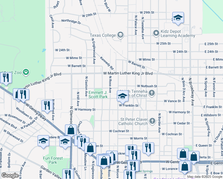 map of restaurants, bars, coffee shops, grocery stores, and more near 1731 North Ross Avenue in Tyler