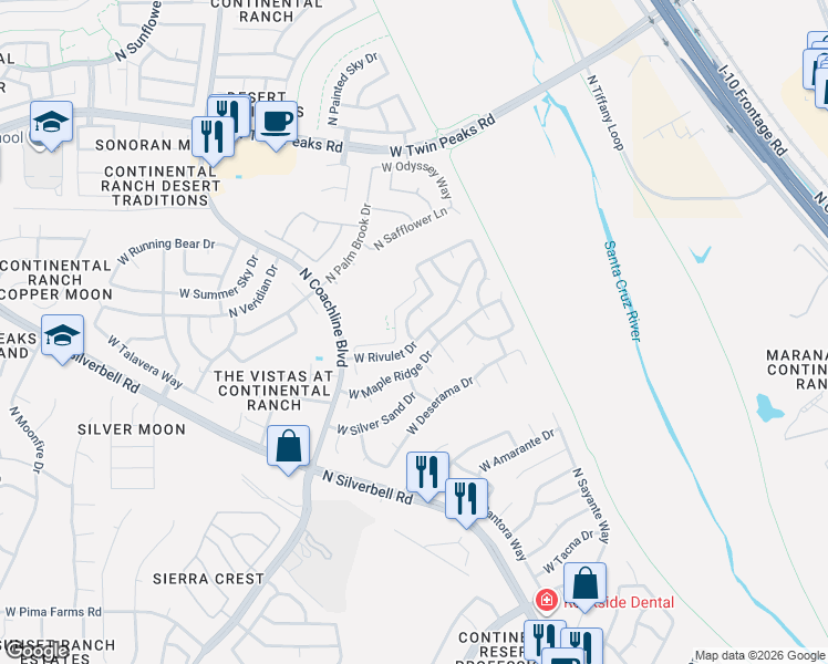 map of restaurants, bars, coffee shops, grocery stores, and more near 8901 North Willeta Drive in Tucson