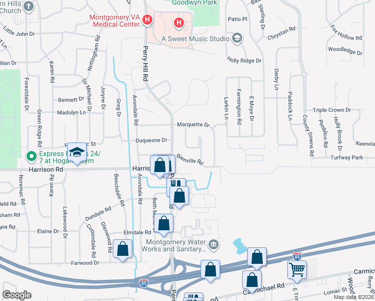 map of restaurants, bars, coffee shops, grocery stores, and more near 744 Duval Drive in Montgomery