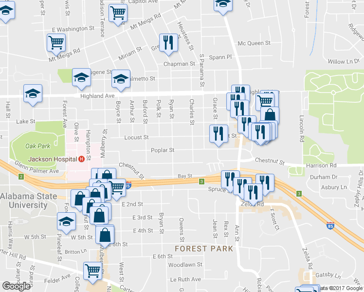 map of restaurants, bars, coffee shops, grocery stores, and more near 2535 Poplar Street in Montgomery