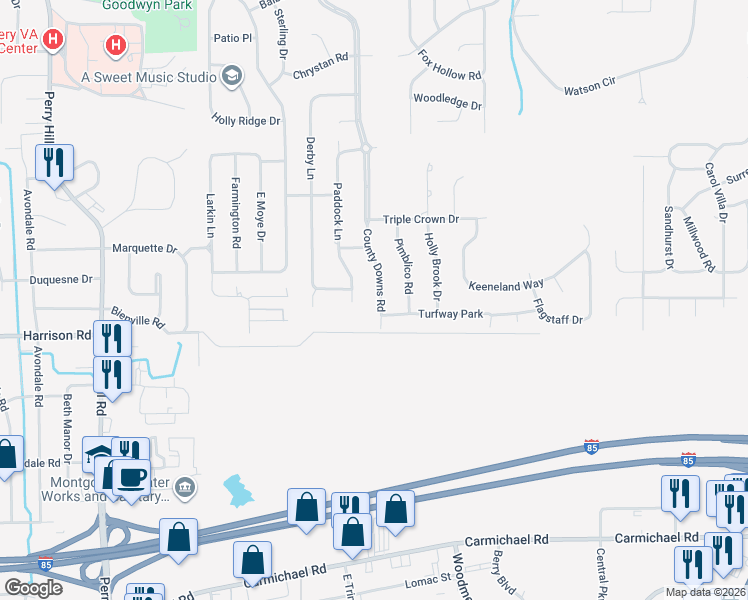 map of restaurants, bars, coffee shops, grocery stores, and more near 638 County Downs Road in Montgomery