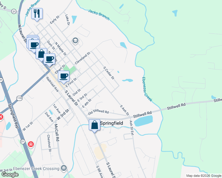 map of restaurants, bars, coffee shops, grocery stores, and more near 602 Hart Street in Springfield