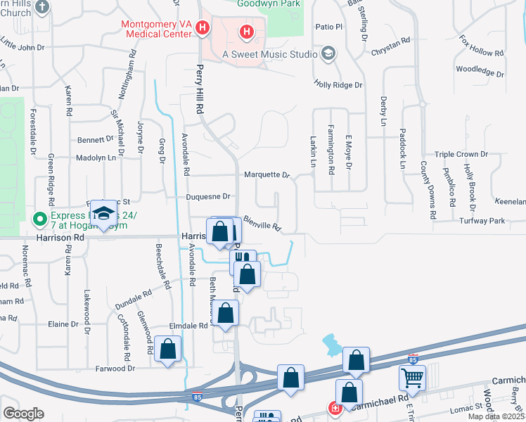 map of restaurants, bars, coffee shops, grocery stores, and more near 744 Duval Drive in Montgomery