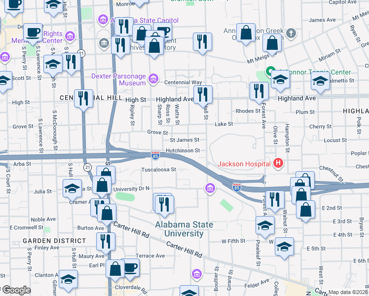 map of restaurants, bars, coffee shops, grocery stores, and more near 1135 Hutchinson Street in Montgomery