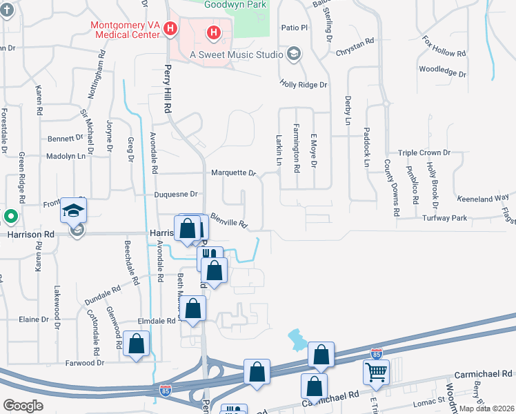 map of restaurants, bars, coffee shops, grocery stores, and more near 738 Marquette Drive in Montgomery