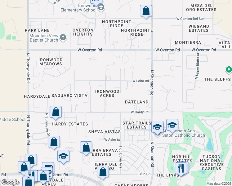 map of restaurants, bars, coffee shops, grocery stores, and more near 8915 North Hopdown Avenue in Tucson