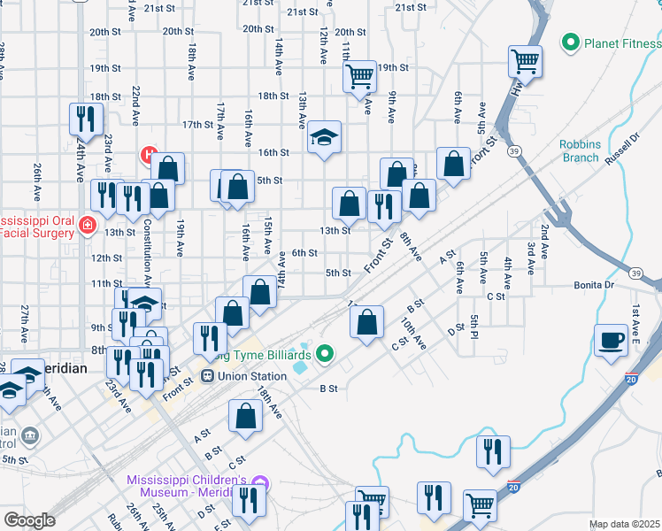 map of restaurants, bars, coffee shops, grocery stores, and more near 508 12th Avenue in Meridian
