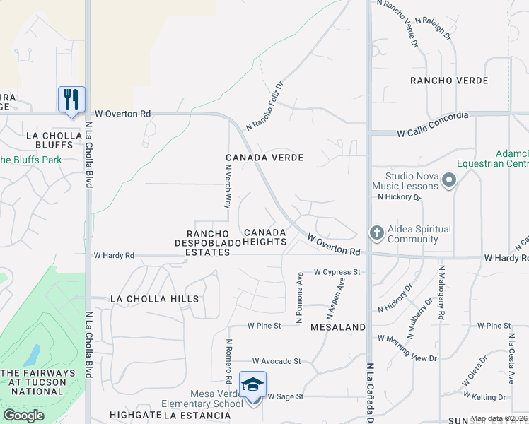 map of restaurants, bars, coffee shops, grocery stores, and more near 1644 West Duskfire Place in Tucson