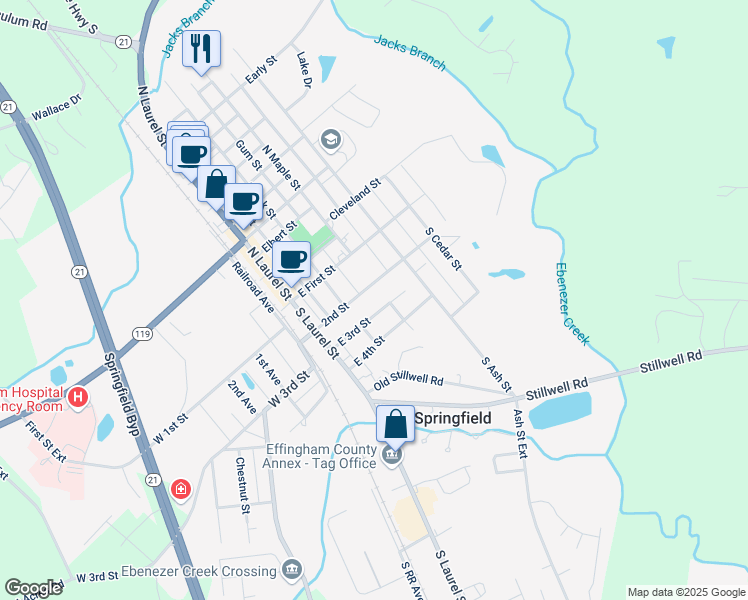 map of restaurants, bars, coffee shops, grocery stores, and more near 405 2nd Street in Springfield