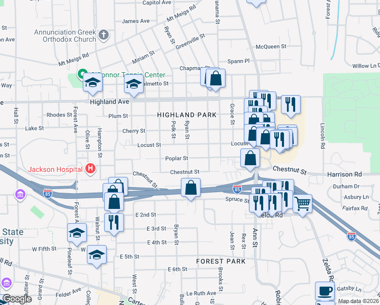 map of restaurants, bars, coffee shops, grocery stores, and more near 1021 Ryan Street in Montgomery