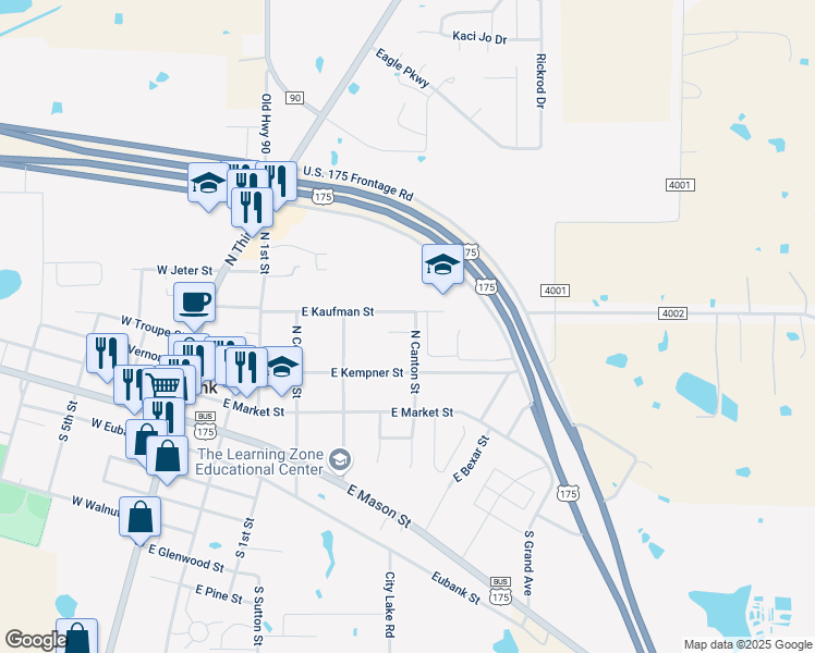 map of restaurants, bars, coffee shops, grocery stores, and more near 519 East Mae Drive in Mabank