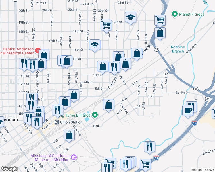 map of restaurants, bars, coffee shops, grocery stores, and more near 501 10th Avenue in Meridian