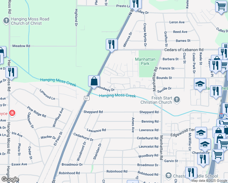 map of restaurants, bars, coffee shops, grocery stores, and more near 157 Woodway Drive in Jackson