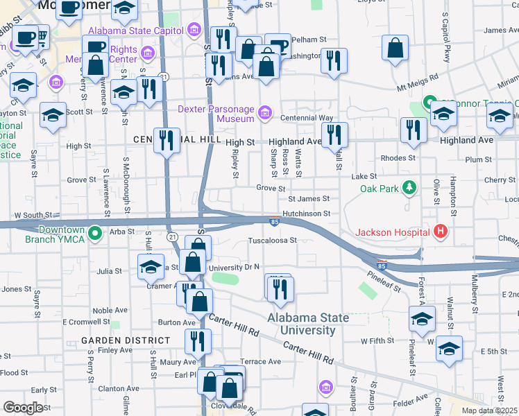 map of restaurants, bars, coffee shops, grocery stores, and more near 550 South Jackson Street in Montgomery