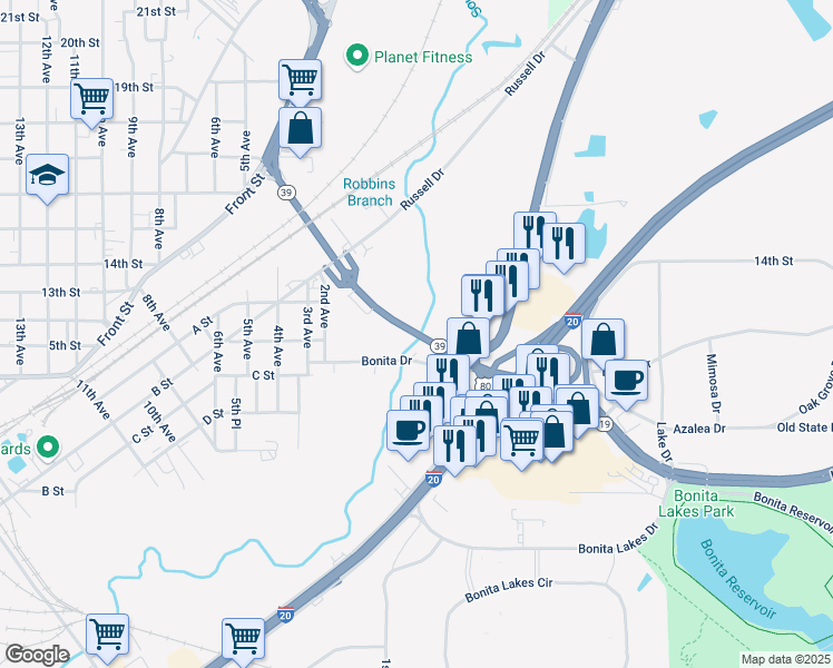 map of restaurants, bars, coffee shops, grocery stores, and more near 1176 Mississippi 39 Bypass in Meridian