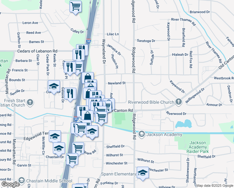 map of restaurants, bars, coffee shops, grocery stores, and more near 127 Chiswick Cir in Jackson