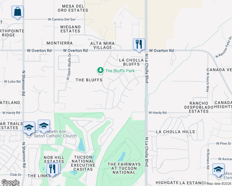 map of restaurants, bars, coffee shops, grocery stores, and more near 8920 North Majestic Mountain Drive in Tucson