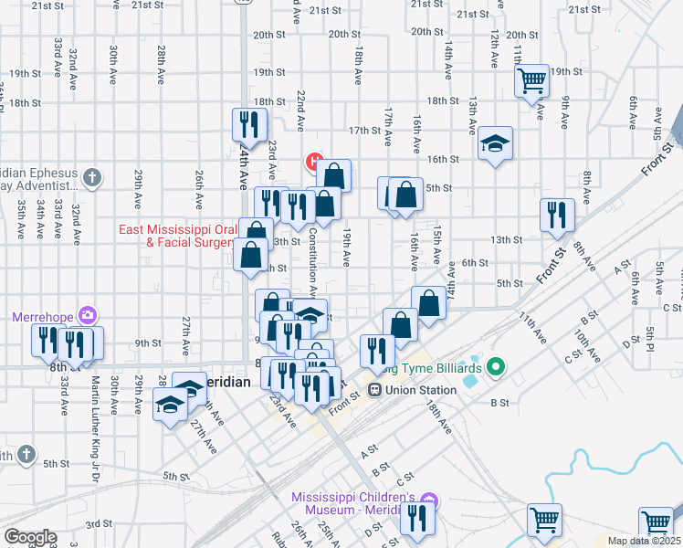 map of restaurants, bars, coffee shops, grocery stores, and more near 1901 12th Street in Meridian