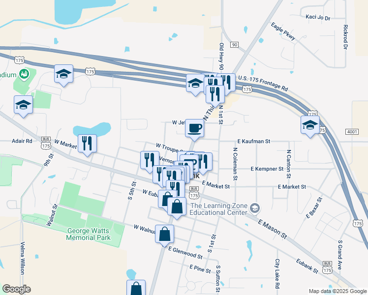 map of restaurants, bars, coffee shops, grocery stores, and more near 303 North 3rd Street in Mabank