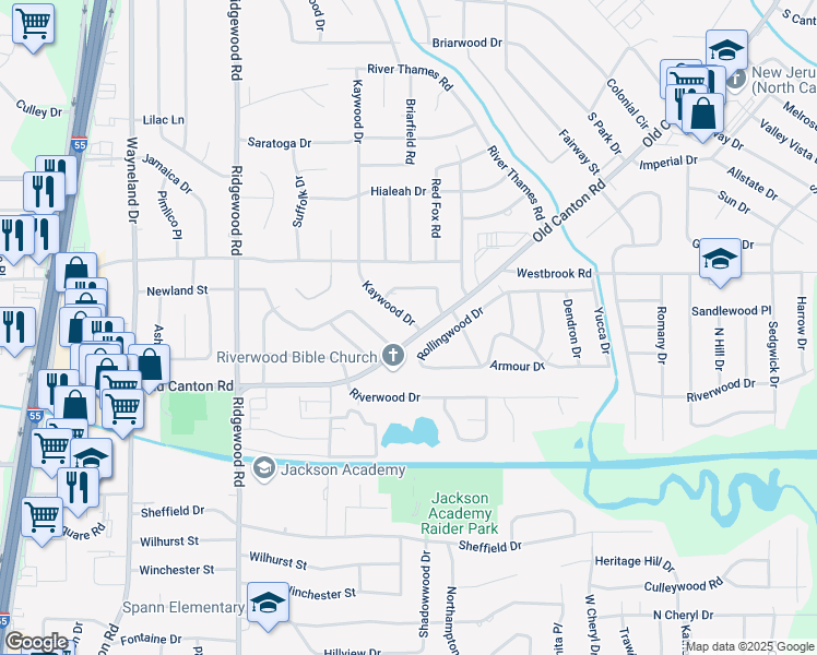 map of restaurants, bars, coffee shops, grocery stores, and more near 5105 Kaywood Drive in Jackson