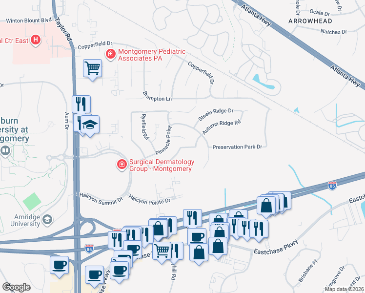map of restaurants, bars, coffee shops, grocery stores, and more near 1142 Autumn Ridge Road in Montgomery