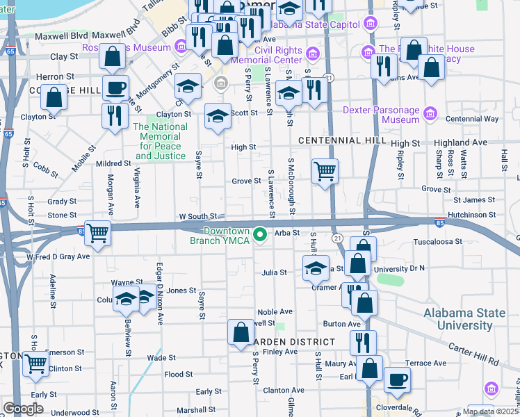 map of restaurants, bars, coffee shops, grocery stores, and more near 671 S Perry St in Montgomery