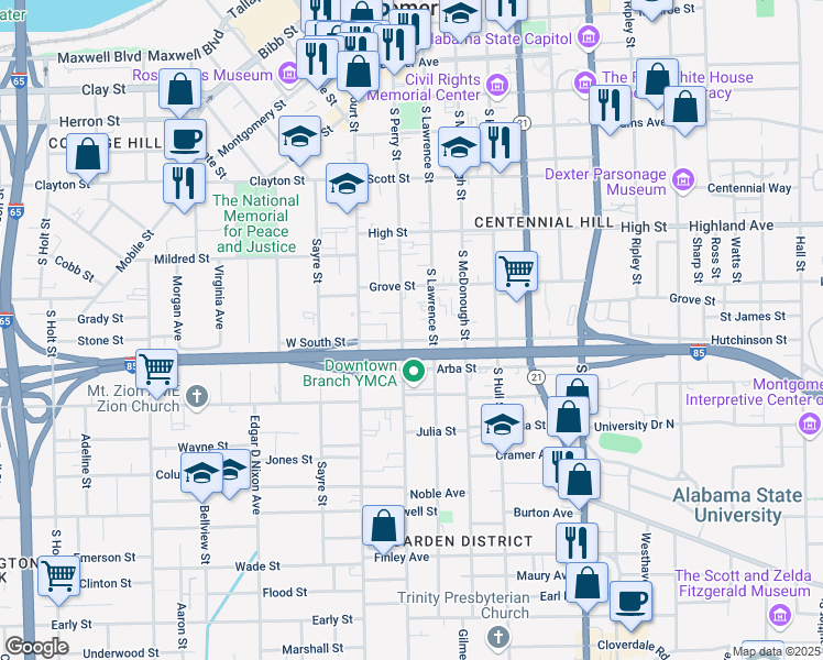map of restaurants, bars, coffee shops, grocery stores, and more near 671 S Perry St in Montgomery