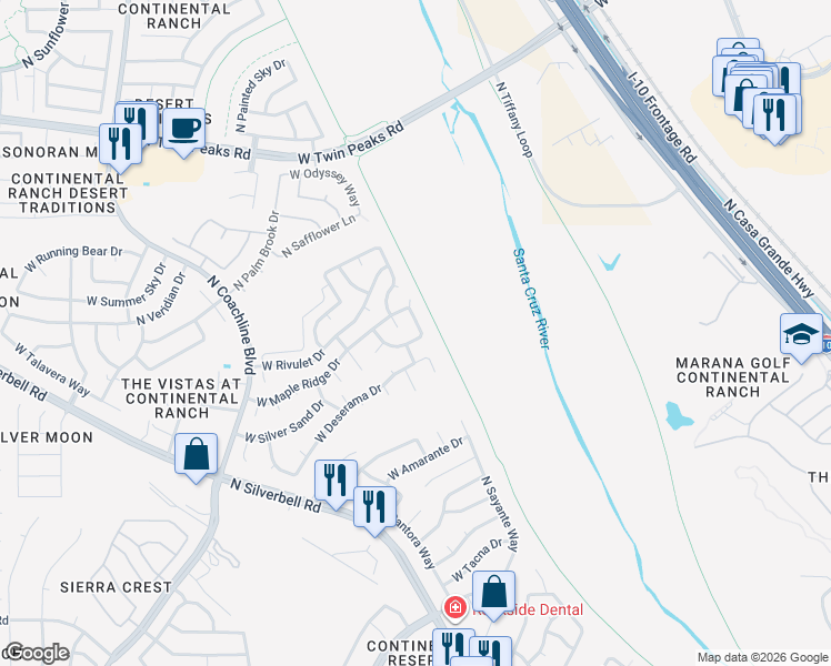 map of restaurants, bars, coffee shops, grocery stores, and more near 8921 North Magenta Way in Tucson