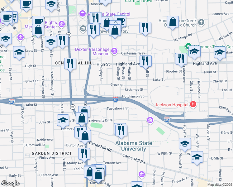 map of restaurants, bars, coffee shops, grocery stores, and more near 550 South Jackson Street in Montgomery