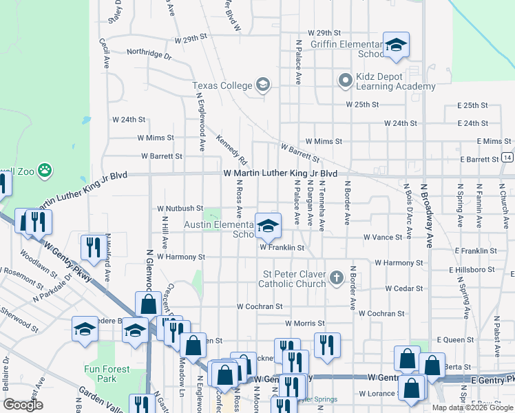 map of restaurants, bars, coffee shops, grocery stores, and more near 1731 North Ross Avenue in Tyler