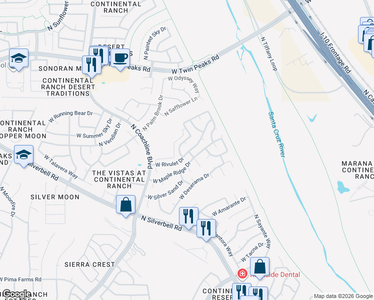 map of restaurants, bars, coffee shops, grocery stores, and more near 7204 West Rivulet Drive in Tucson