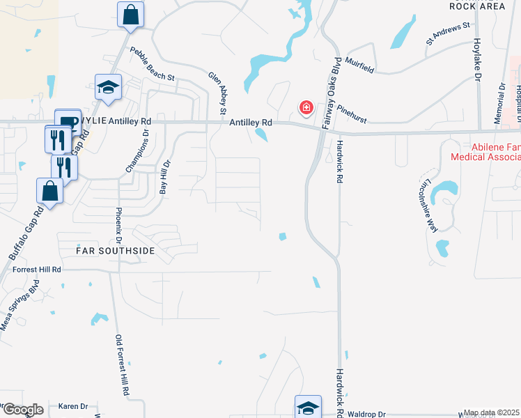 map of restaurants, bars, coffee shops, grocery stores, and more near 3501 La Jolla Beach in Abilene