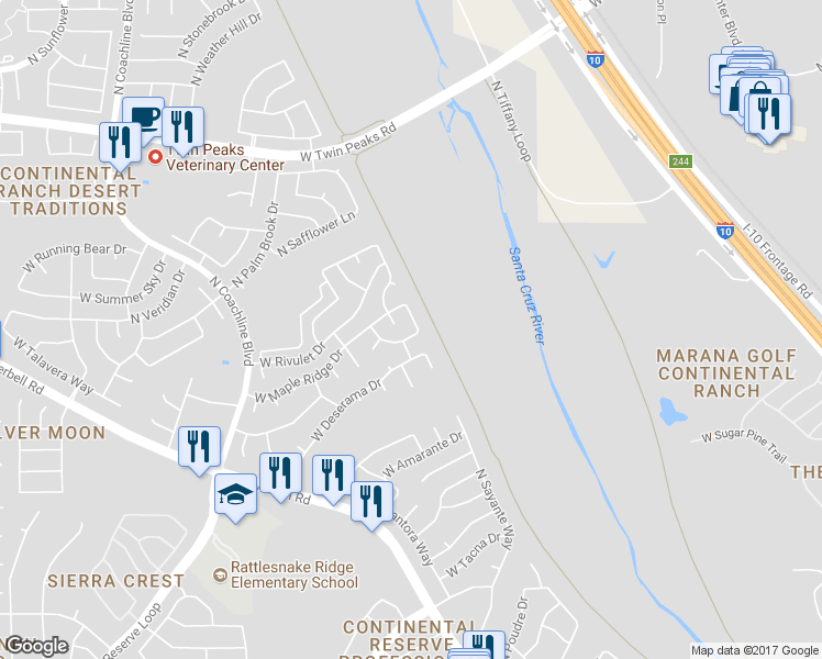 map of restaurants, bars, coffee shops, grocery stores, and more near 8921 North Magenta Way in Tucson
