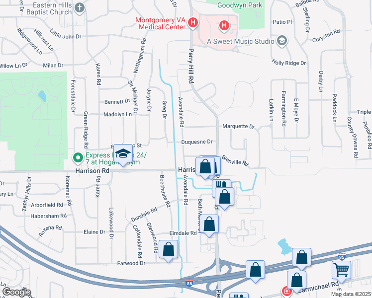 map of restaurants, bars, coffee shops, grocery stores, and more near 813 Avondale Road in Montgomery