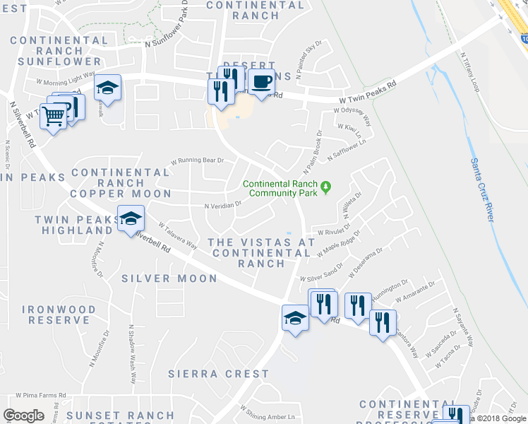 map of restaurants, bars, coffee shops, grocery stores, and more near 8936 North Palm Brook Drive in Tucson