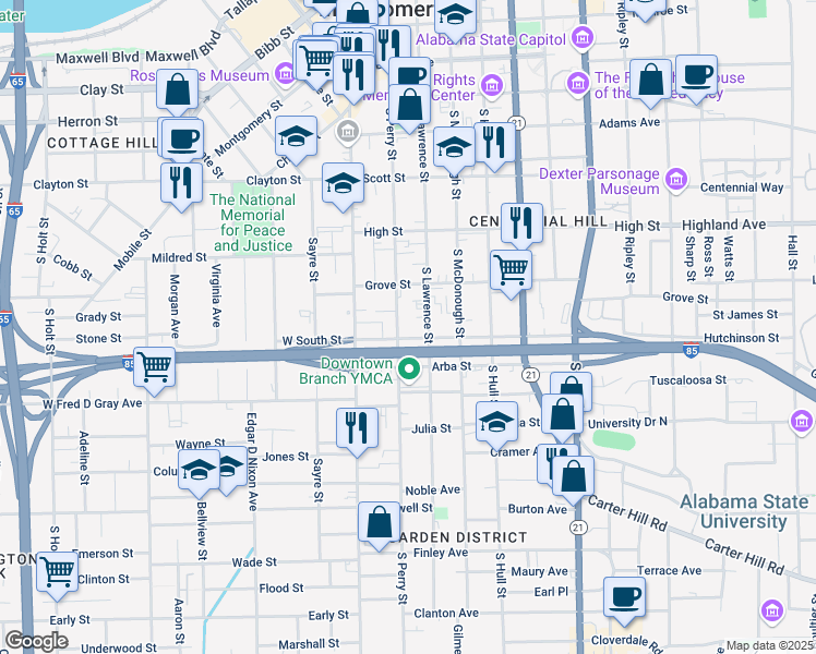 map of restaurants, bars, coffee shops, grocery stores, and more near 671 South Perry Street in Montgomery