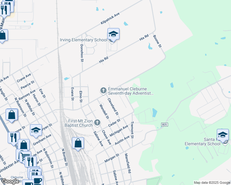 map of restaurants, bars, coffee shops, grocery stores, and more near 139 Pittman Street in Cleburne