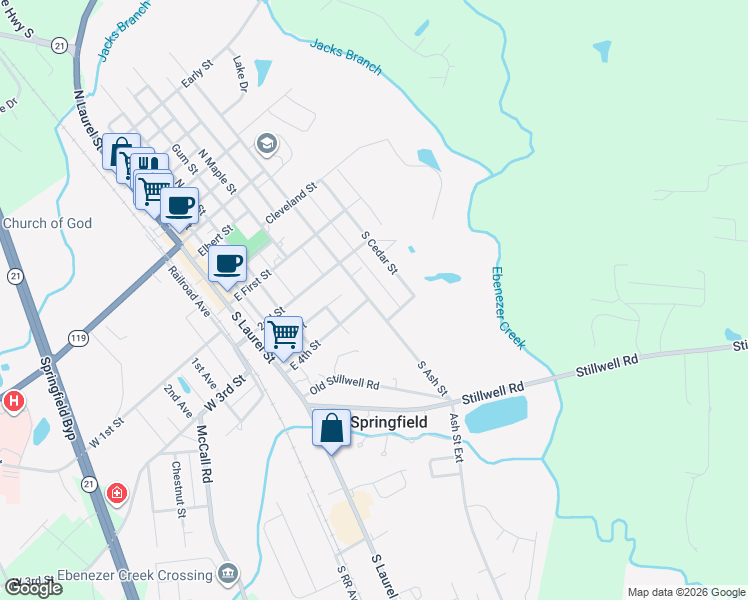 map of restaurants, bars, coffee shops, grocery stores, and more near 602 Hart Street in Springfield