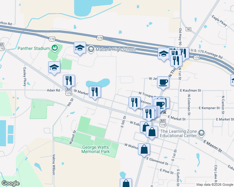 map of restaurants, bars, coffee shops, grocery stores, and more near 210 Park Boulevard in Mabank