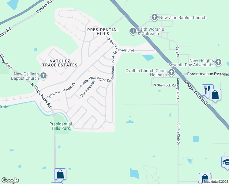 map of restaurants, bars, coffee shops, grocery stores, and more near 6717 George Washington Drive in Jackson