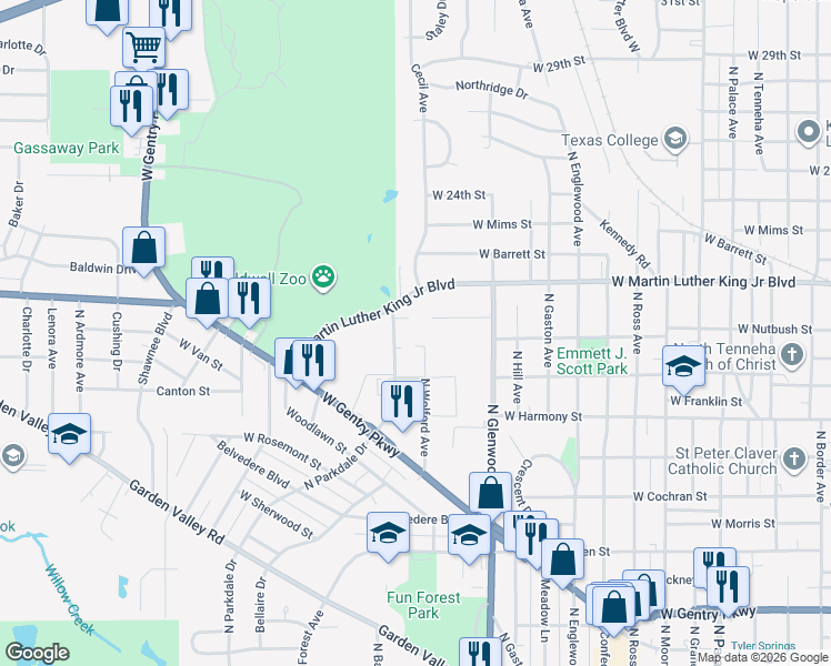 map of restaurants, bars, coffee shops, grocery stores, and more near 1802 North Wolford Avenue in Tyler