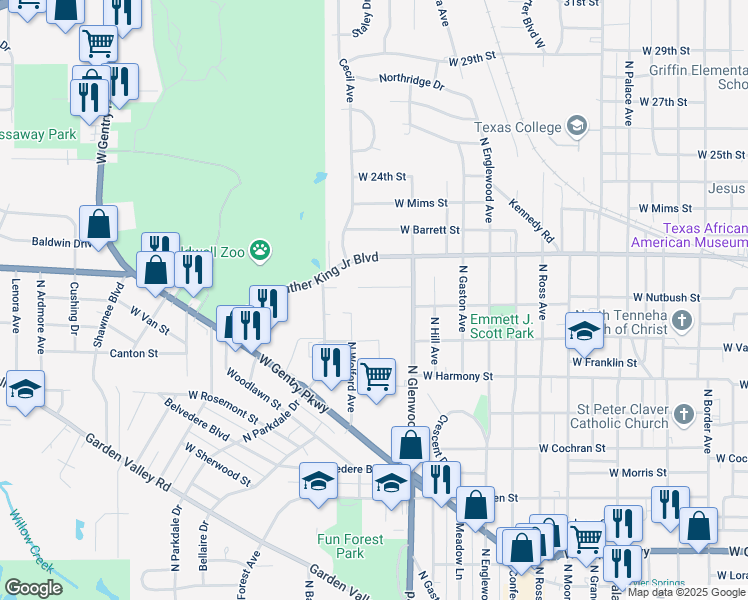 map of restaurants, bars, coffee shops, grocery stores, and more near in Tyler