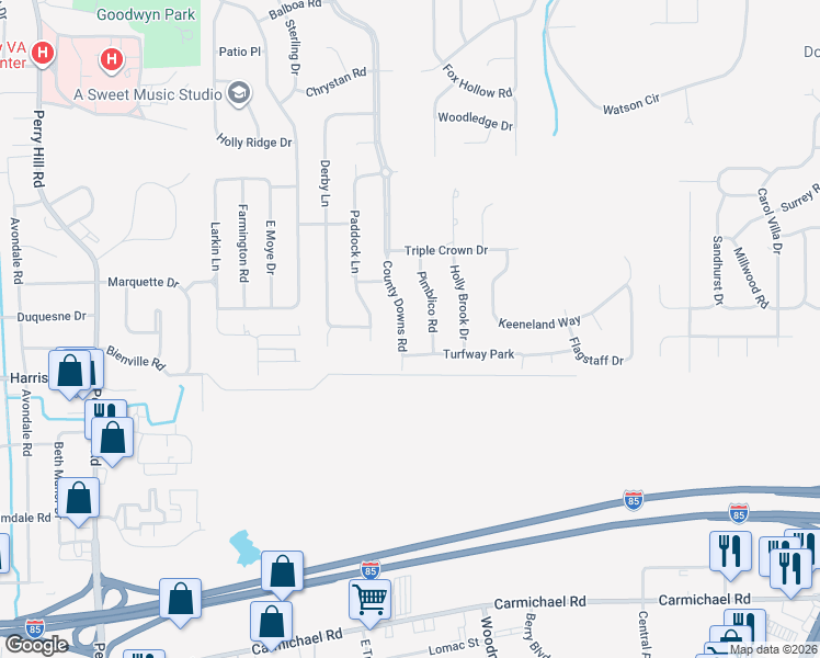 map of restaurants, bars, coffee shops, grocery stores, and more near 631 County Downs Road in Montgomery
