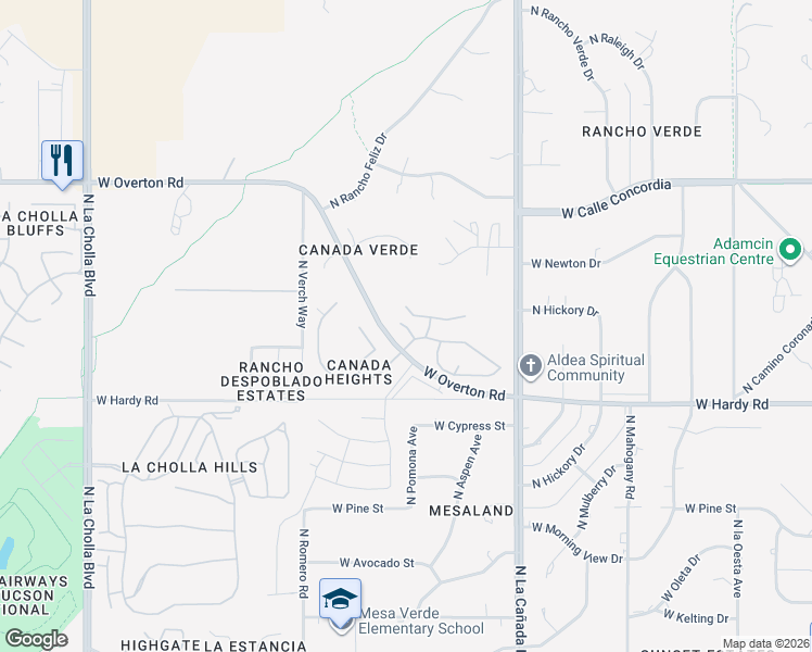 map of restaurants, bars, coffee shops, grocery stores, and more near North Sunridge Place in Tucson