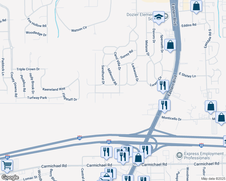 map of restaurants, bars, coffee shops, grocery stores, and more near 5149 George Green Drive East in Montgomery