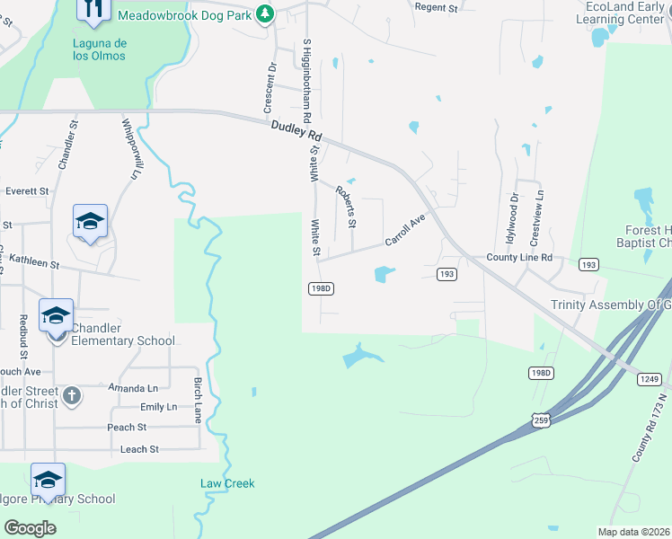 map of restaurants, bars, coffee shops, grocery stores, and more near 2202 White Street in Kilgore